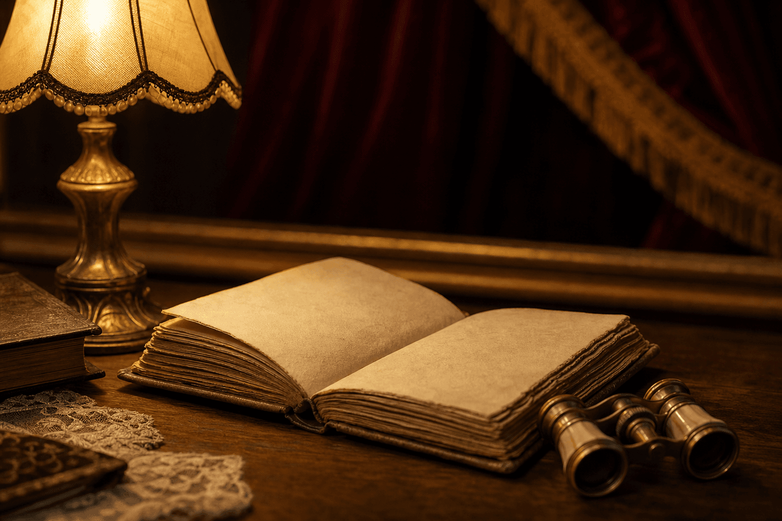 An open poetry book and opera glasses on a warmly lit desk, hinting at literature and the stage