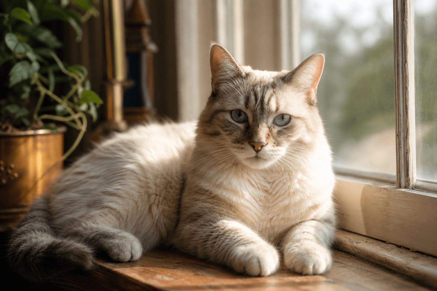 A soft cream tabby cat resting on a sunlit windowsill